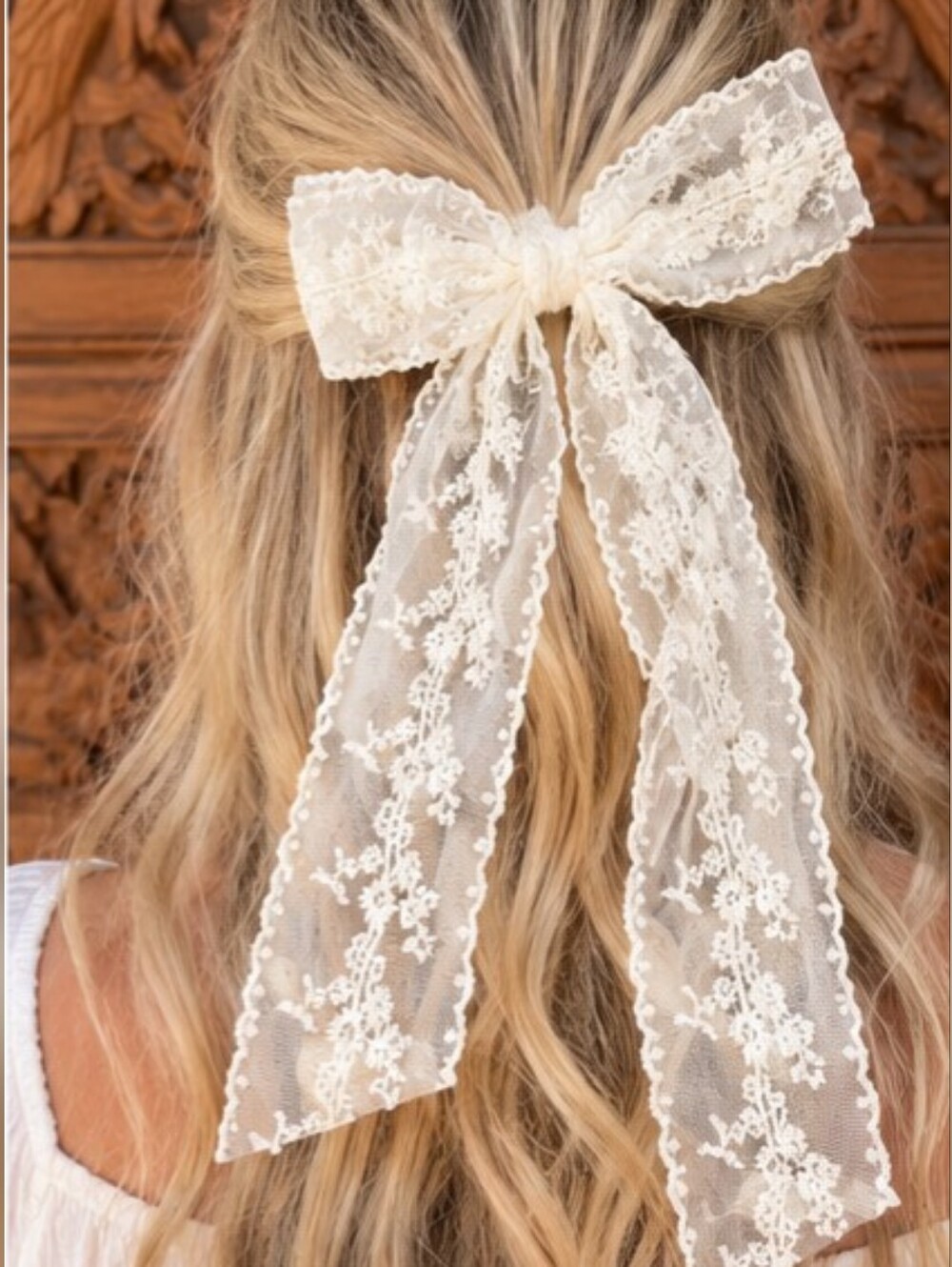 Oversized Romantic White Lace Bow On Barette Clip Long Lace Bow Off White